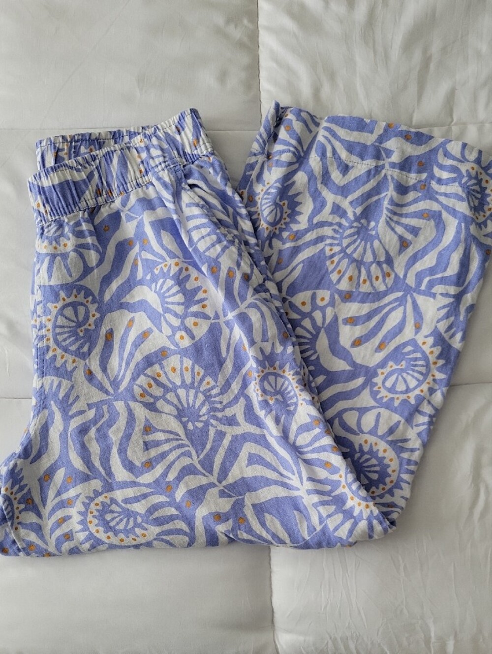 Nicole Miller 100% Linen Pants M Wide Leg Ankle Blue White Rust Like New